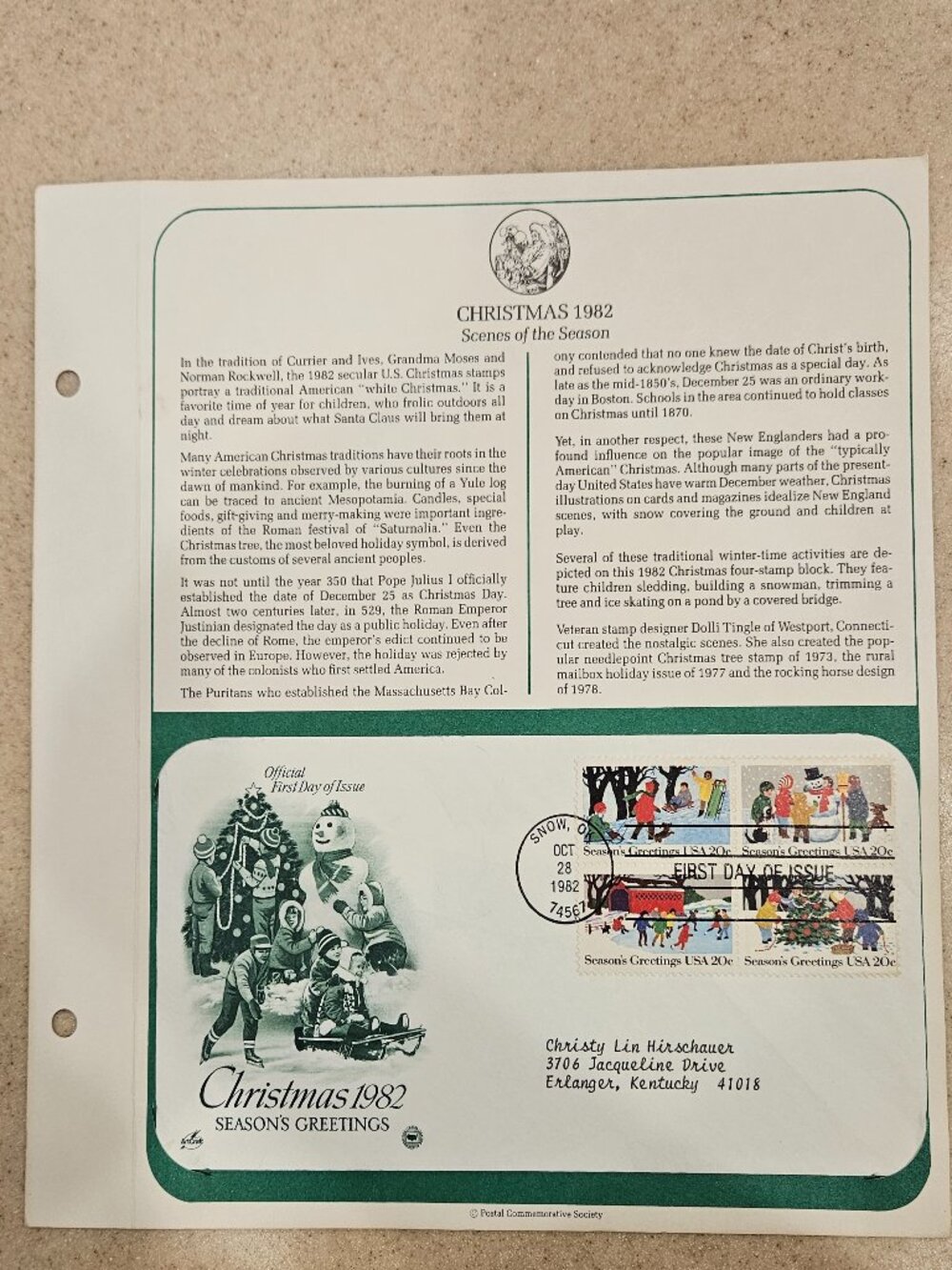 RARE COLLECTIBLE USPS 1ST DAY ISSUE COVER CHRISTMAS 1982 SEASONS GREETINGS STAMP